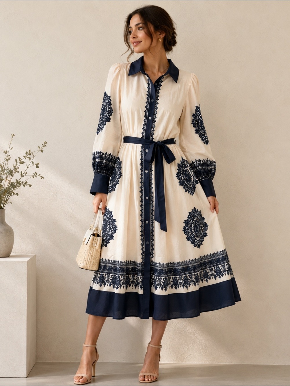 Halfheart Cream Midi Dress with Navy Trim